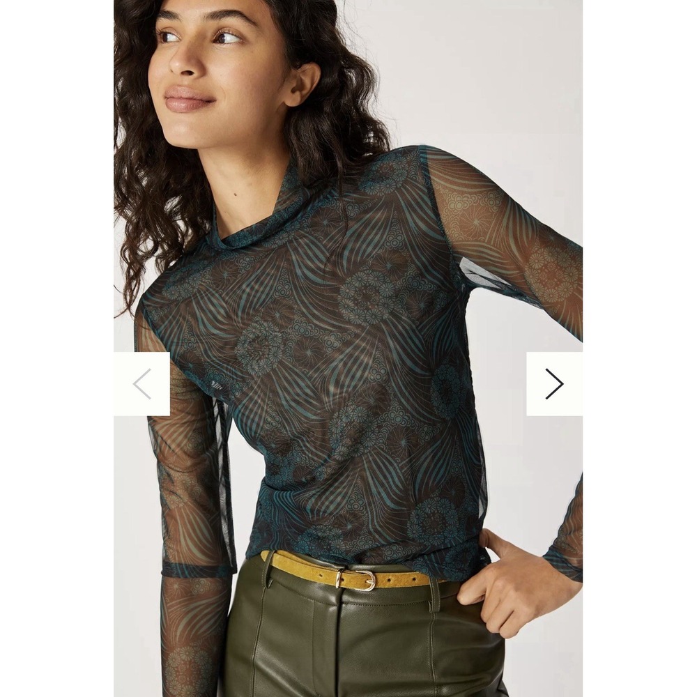 Anthropologie Gauzy Turtleneck Top in a green and black floral print Size Medium